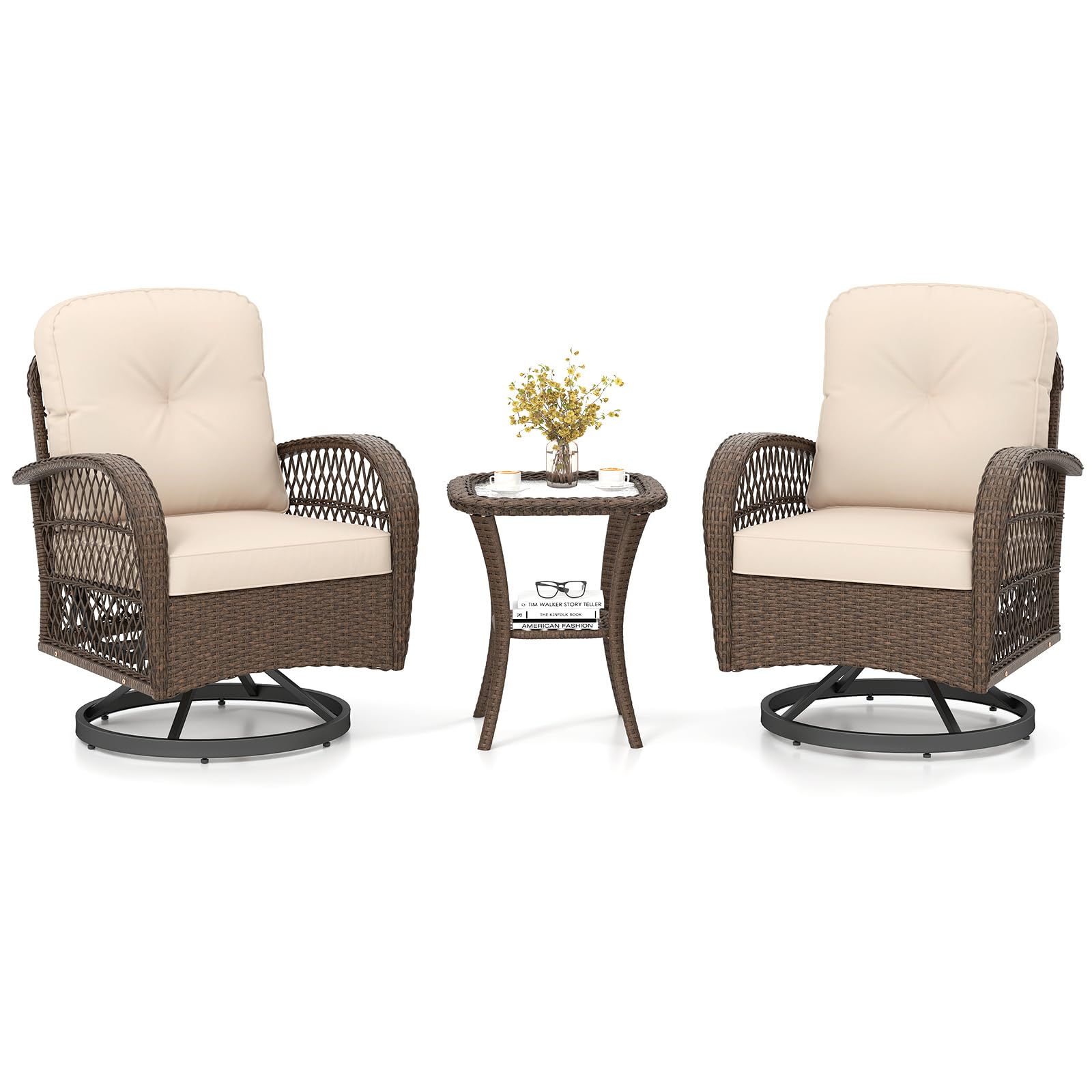 Tangkula 3 Piece Patio Swivel Rocker Set 2 Outdoor Wicker Rocking Chairs